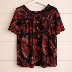 Torrid Black Floral Off-Shoulder Blouse with Red and Brown Blooms